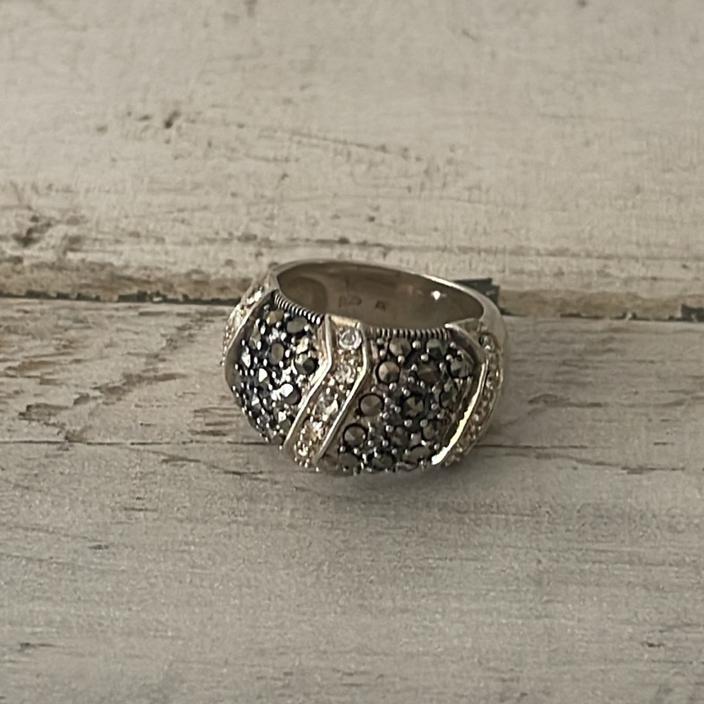 Sterling Silver Marcasite Crystal Wide Band Statement Ring - Picture 3 of 8